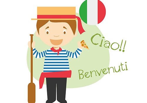 Vector illustration of cartoon characters saying hello and welcome in Italian