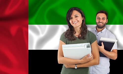 Couple of young students with books over United Arab Emirates flag