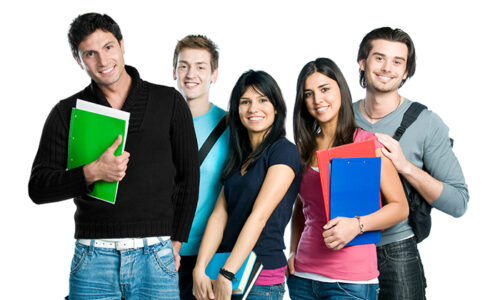 Group of happy young teenager students standing and smiling with books and bags isolated on white background.
